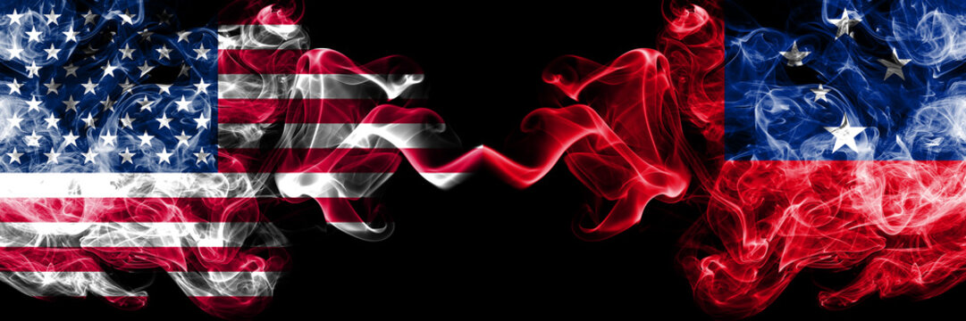 United States of America vs Samoa, Samoan smoky mystic flags placed side by side. Thick colored silky smoke flags of America and Samoa, Samoan