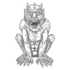Demon vampire, human like monster creature chimera with fangs horns, and claws. Seating in aggressive position. Mystic and occult hand drawn engraved devil vector.