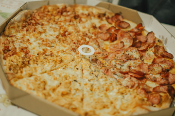 Pizza box of salty food pepperoni flavor