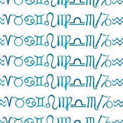 Watercolor seamless pattern from 12 blue zodiac signs in a row on a white background. Illustration.