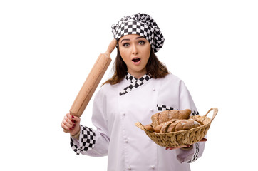 Young female baker isolated on white 