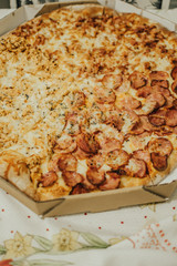 Pizza box of salty food pepperoni flavor