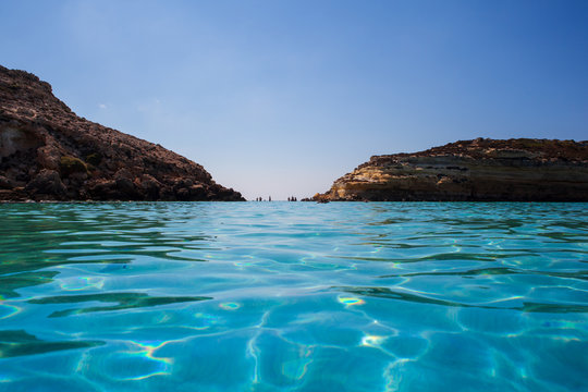 View of the most famous sea place of Lampedusa called Spiaggia dei conigli,