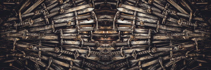 Metal knight swords background. Panoramic web banner with copy space. The concept Knights.