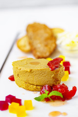 Restaurant meals, gourmet snack, food photo, menu concept. Delicious chef's chicken liver pate and crunchy toasts on plate. Buffet, banquet, antipasto