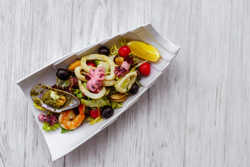 seafood cocktail, chef's salad, restaurant menu. delicious gourmet food