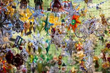 Fototapeta na wymiar Christmas ornaments for sale in Prague, Czech Republic