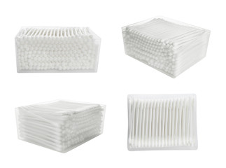 Set of clean cotton swabs on white background