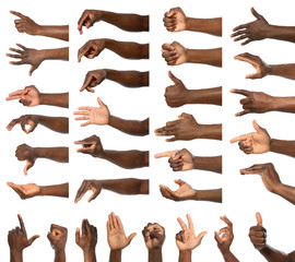 Afro-American man showing different gestures on white background, closeup view of hands