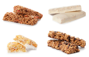 Set of different sweet protein bars on white background