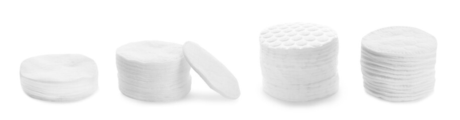 Fototapeta na wymiar Set of stacked cotton pads on white background