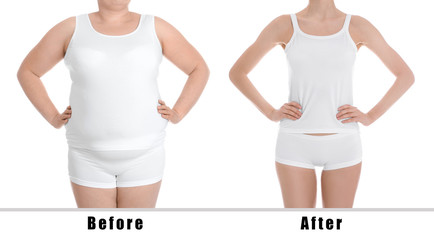 Overweight woman on white background, closeup. Weight loss