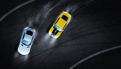 3D rendering aerial top view two cars drifting battle the night time on race track, Two race cars view from above. - obrazy, fototapety, plakaty