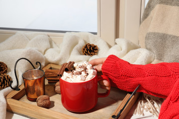 Fototapeta na wymiar Woman with cup of cocoa at window, closeup. Winter drink
