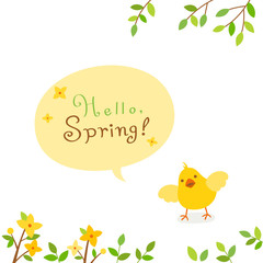 Forsythia flowers with baby chick.Spring background