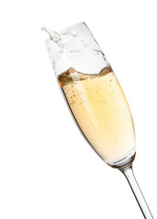 Glass of champagne on white background. Festive drink