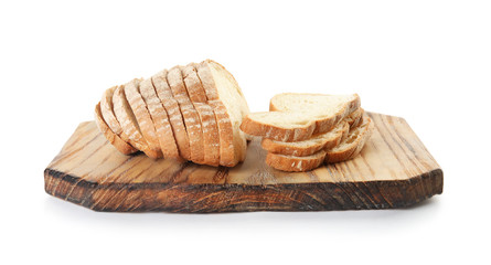 Wooden board with tasty bread on white background