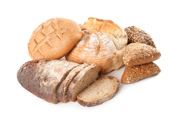 Different kinds of bread on white background