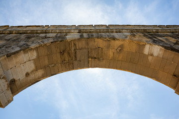 The magnificent three tiered Pont Du Gard aqueduct was constructed by Roman engineers in the 1st...