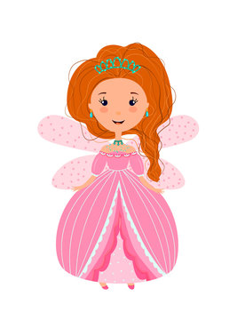 Fairy princess in pink cartoon vector. The red-haired Princess