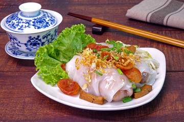 Rice noodle roll (or steamed rice roll) is a Cantonese dish from southern China and Hong Kong, commonly served either as a snack, small meal or as a variety of dim sum. Famous Chinese / Cantonese food