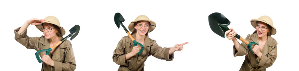 Fototapeta na wymiar Woman wearing safari hat on white