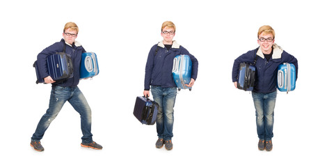 Funny man with luggage on white