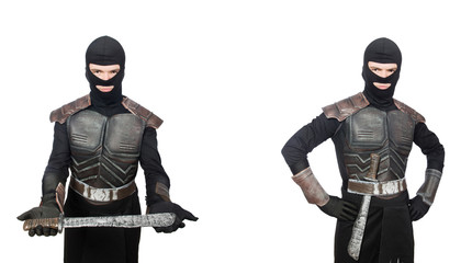Young funny man in armour suit 