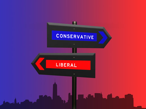 Conservative liberal 3d sign concept on a signpost against a red blue color gradient