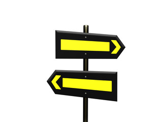 Blank 3d rendered signs with yellow interior shapes on a sign post against a white background