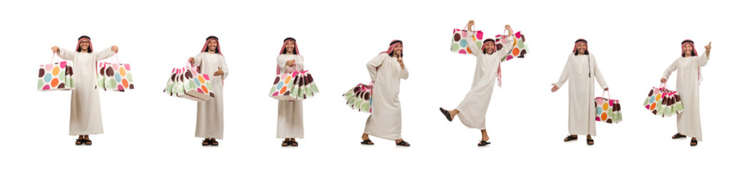 Arab man with shopping bags on white
