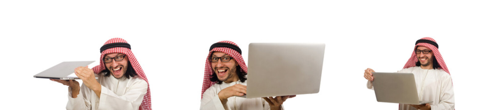 Arab man with laptop isolated on white