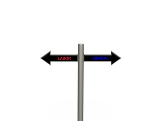 Labor and liberal arrow pointers on a signpost against a white background