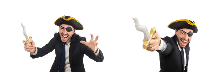 Pirate businessman with sabre isolated on white