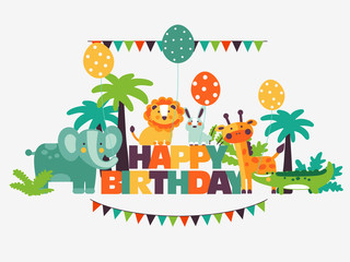 Happy birthday - lovely vector card with funny cute animals