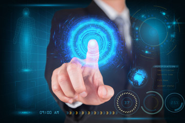 Businessman give a thumbs up for scanning finger security futuristic hi-tech as technology and innovation concept.