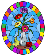 Illustration in stained glass style with bouquets of bright flowers in a metal jug, pears and apples on table on blue background, oval image in bright frame
