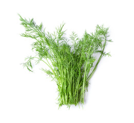 bunch fresh, green dill on a white background . top view