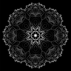 Design With Floral Mandala Ornament. Vector Illustration. Oriental Pattern. Indian, Moroccan, Mystic, Ottoman Motifs. Anti-Stress Therapy Pattern. Black, silver color