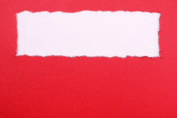 Torn red paper strip banner ripped edge headline white background