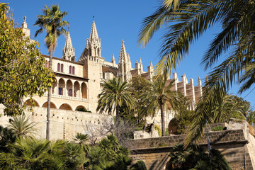 Fototapeta na wymiar Palma Mallorca cathedral Santa Maria La Seu side view city wall