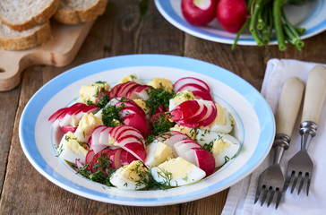 Vegetable salad with radishes, dill and eggs on a wooden background