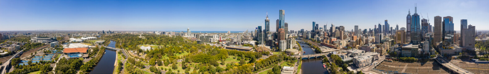 Panoramic view of the beautiful city of Melbourne as captured from above the Yarra river on a...