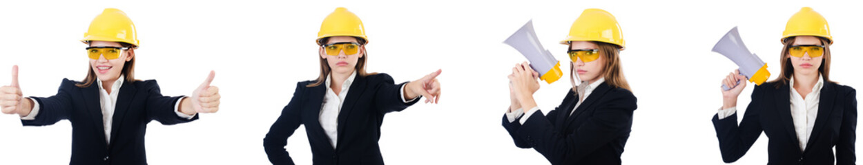 Female builder with megaphone isolated on white 