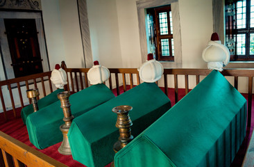 Rows of coffins in ottoman mausoleum tomb