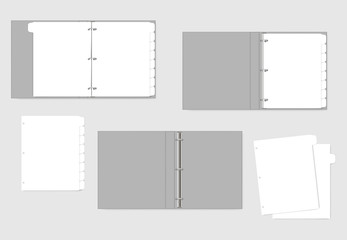 3 ring binder and hole punched white paper sheets with tab dividers, realistic mockup. Refillable notebook, vector template