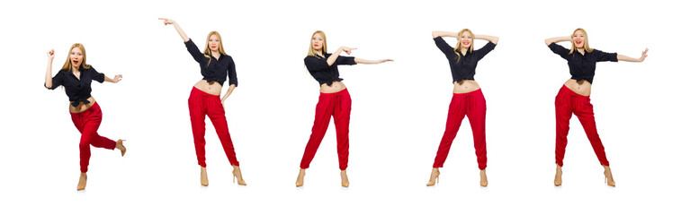 Woman in red pants isolated on white