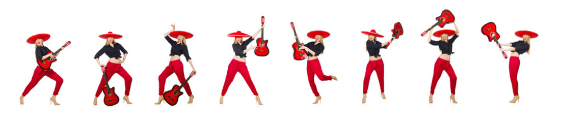 Mexican woman guitarist isolated on white