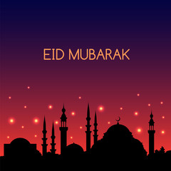 Eid Mubarak Greetig Card with Beautiful Middle Eastern Landscape Vector Illustration