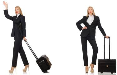 Businesswoman with suitcase isolated on white 